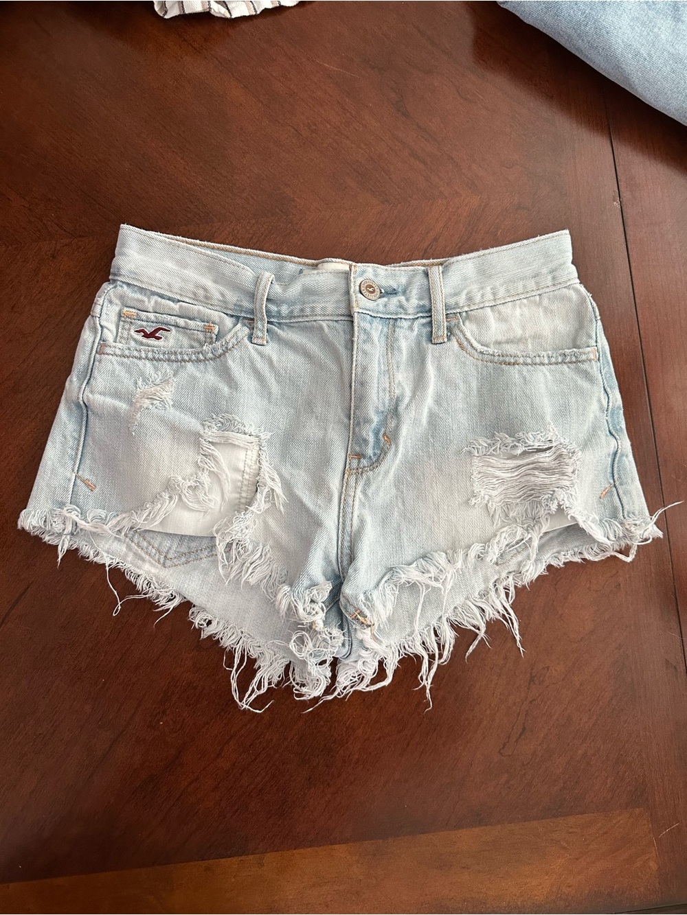 Hollister Light Wash Frayed Distressed Denim Shorts